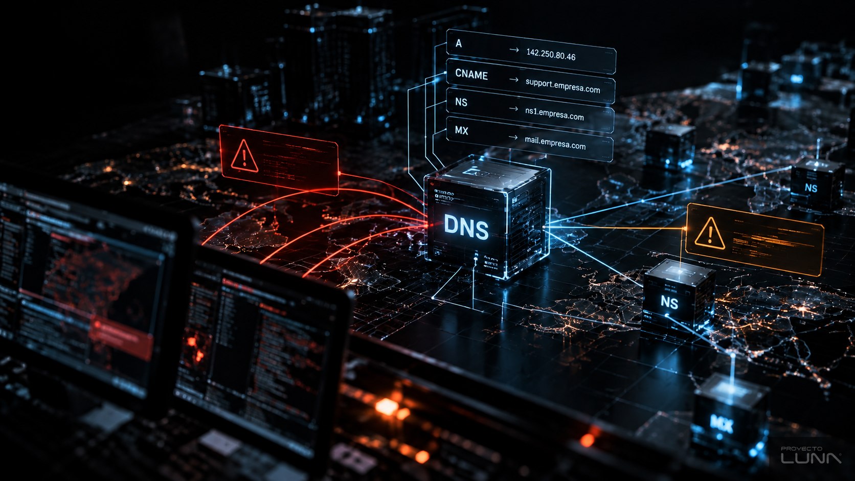 Infraestructura DNS representada sobre un mapa de red con registros y alertas de seguridad
