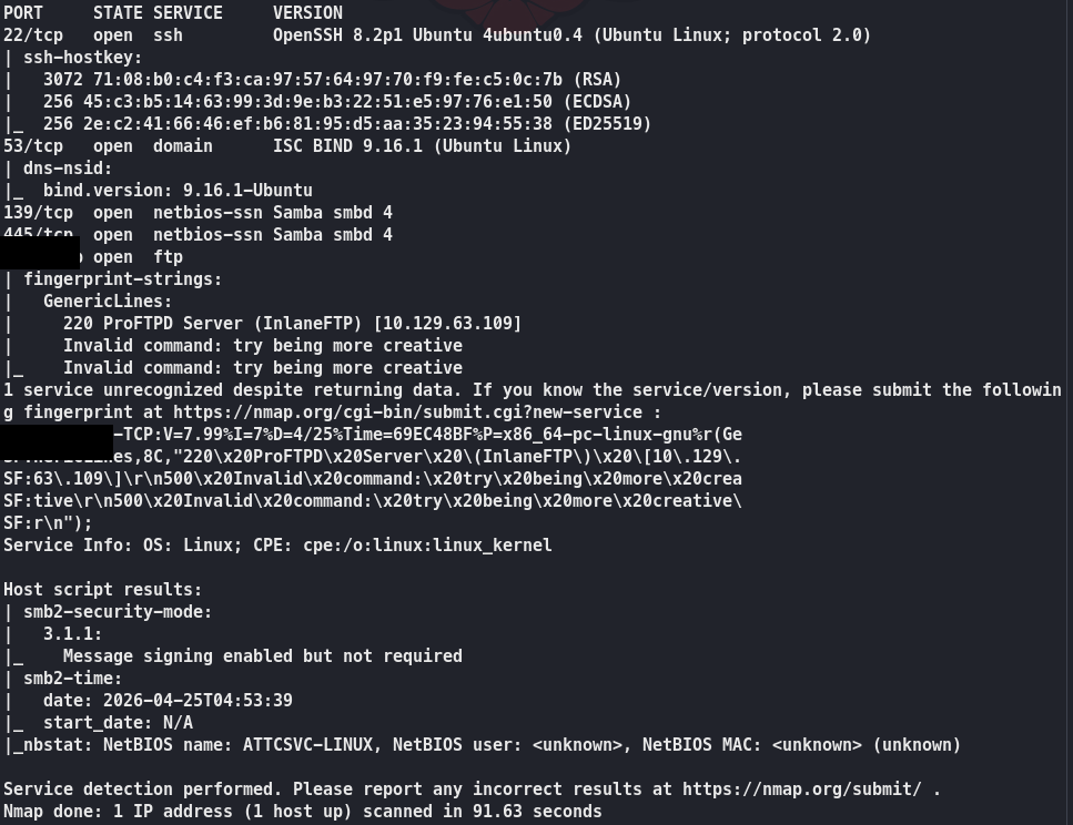 Resultado censurado del escaneo Nmap del servicio FTP en Hack The Box Academy.