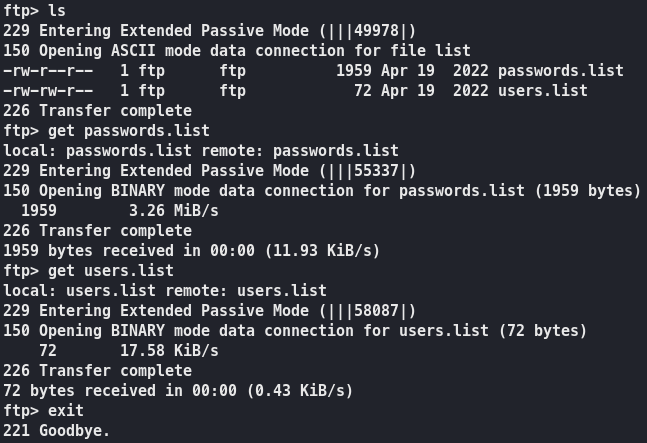 Enumeración de archivos disponibles durante una sesión FTP de laboratorio.