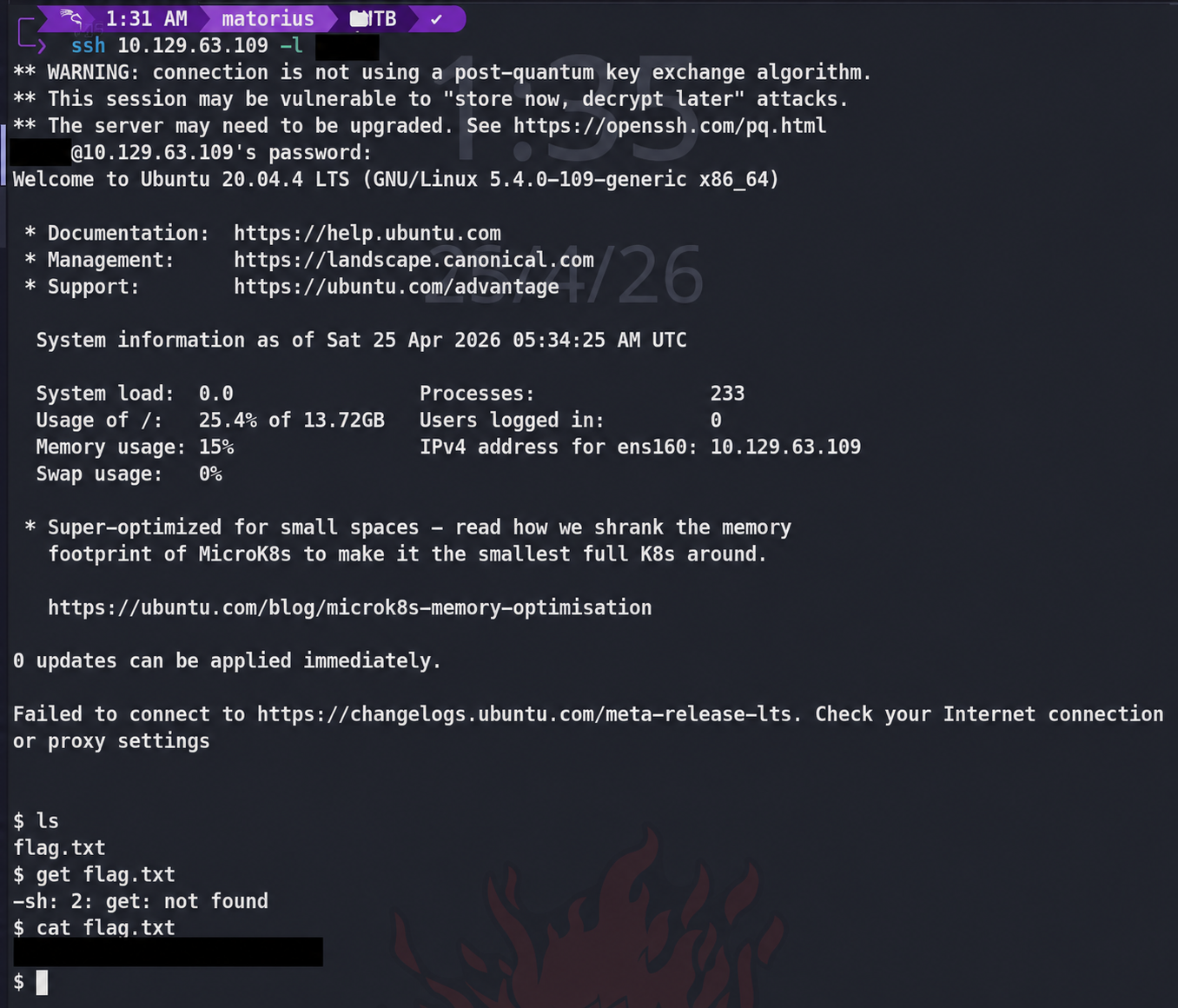 Acceso SSH al laboratorio con el usuario y la contraseña censurados.
