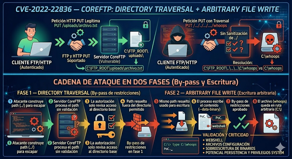 Demostración de path traversal mediante una petición HTTP PUT contra CoreFTP.