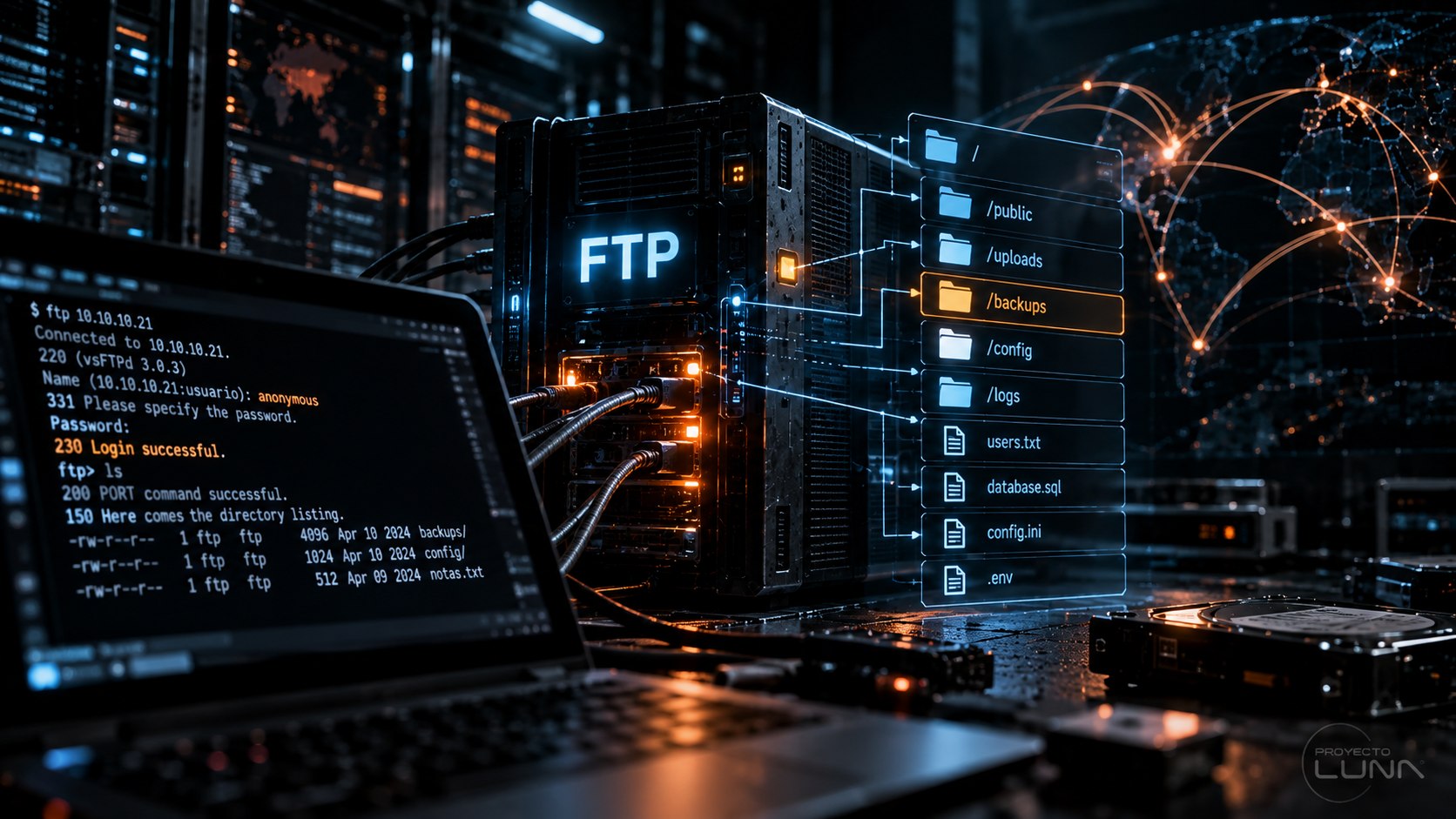 Servidor FTP conectado a una infraestructura de red bajo análisis de seguridad