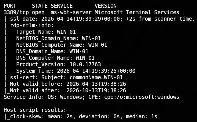 Resultado del escaneo Nmap del puerto RDP en Hack The Box Academy.