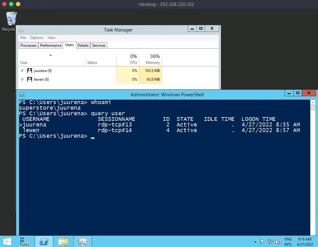 Listado de sesiones RDP activas obtenido con query user.