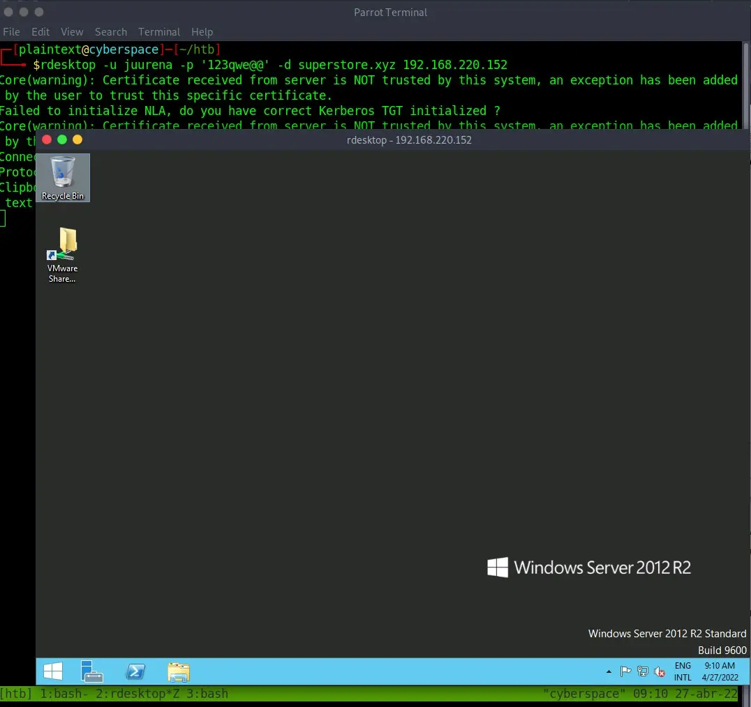 Conexión RDP al sistema Windows de laboratorio con rdesktop.