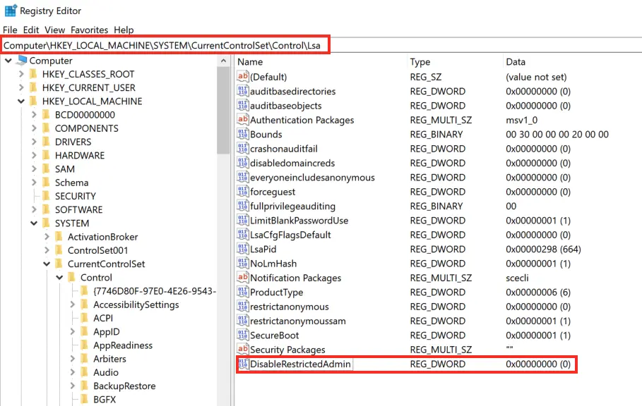 Comando de Windows que habilita Restricted Admin en el laboratorio.