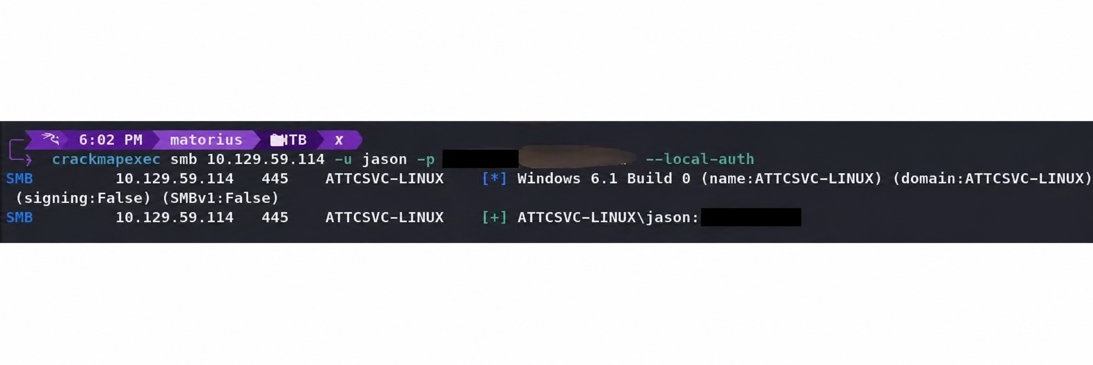 Validación censurada de credenciales SMB con CrackMapExec.