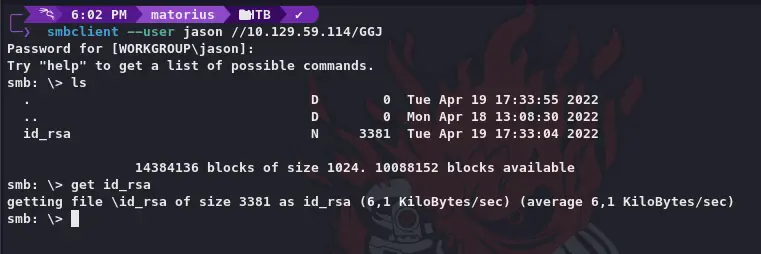 Descarga de la clave id_rsa desde una sesión smbclient autenticada.