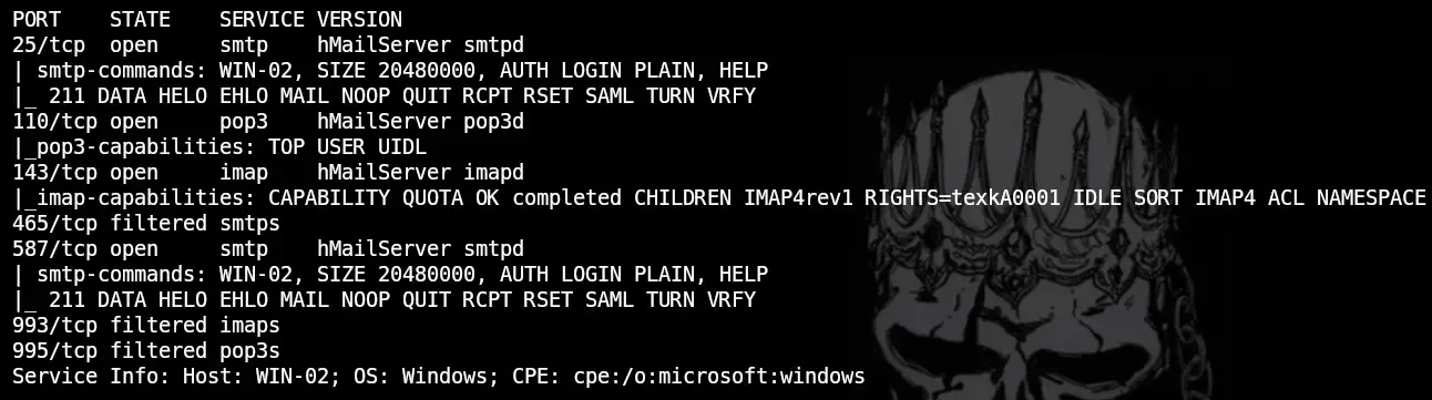 Resultado del escaneo Nmap de servicios SMTP, POP3 e IMAP del laboratorio.