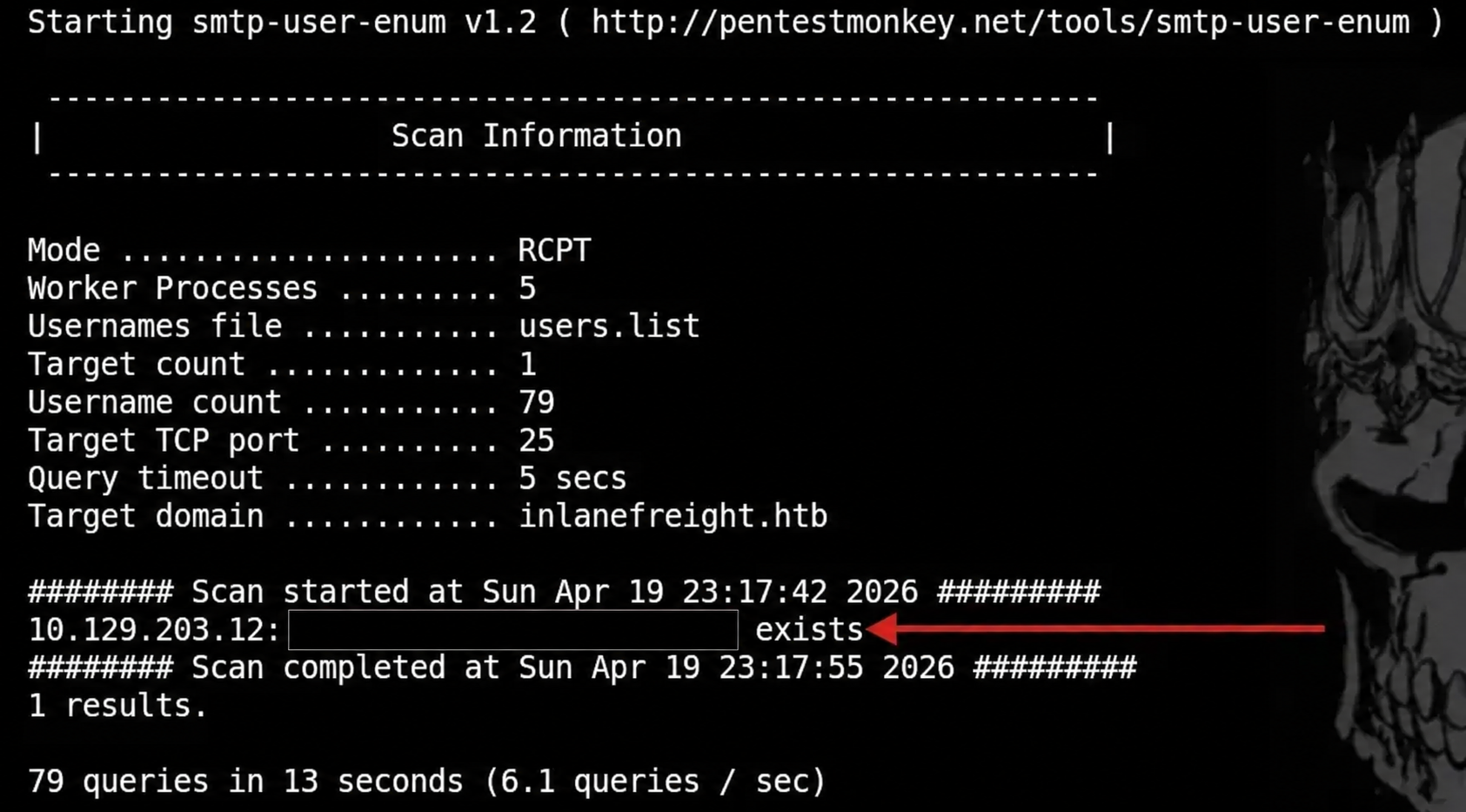 Enumeración censurada de usuarios SMTP con smtp-user-enum.
