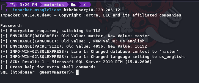 Conexión autenticada a Microsoft SQL Server mediante Impacket.