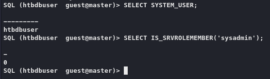 Consulta SQL que comprueba si la cuenta tiene el rol sysadmin.