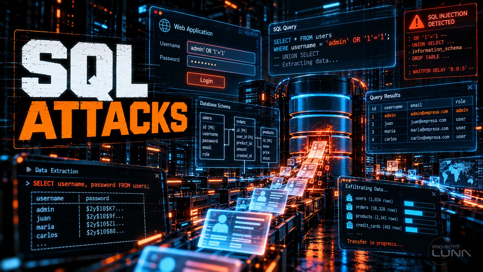 Servidores de bases de datos SQL conectados a una red bajo análisis de seguridad
