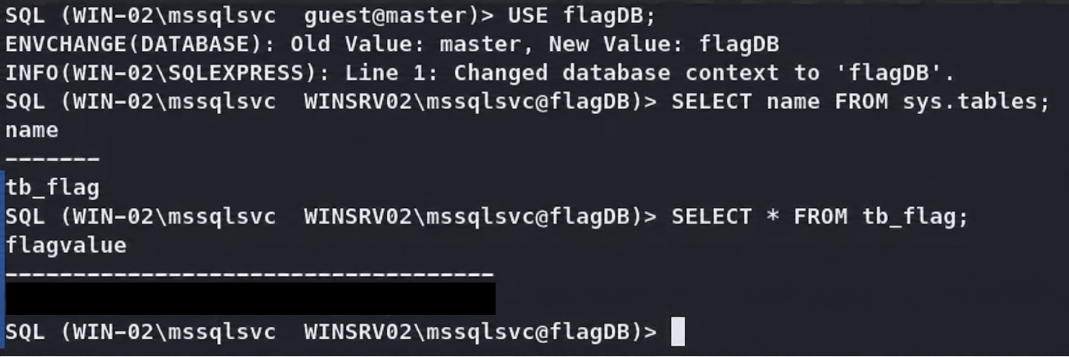 Respuesta final del laboratorio SQL censurada en el resultado de la consulta.
